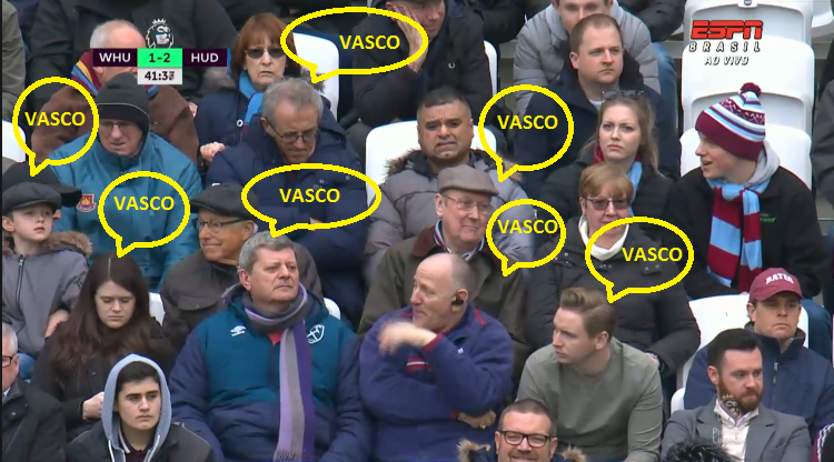 maurocezar's tweet photo. Torcida do @WestHamUtd quer esquecer o 1o. tempo, afinal, tomou a virada do @htafcdotcom, que havia feito 15 gols em 30 jogos na Premier League. Imagine o papo que rola no intervalo enquanto não começa a etapa final na ESPN Brasil, comigo e @everaldomarques #PremierLeagueNaESPN https://t.co/AsImg7yX30