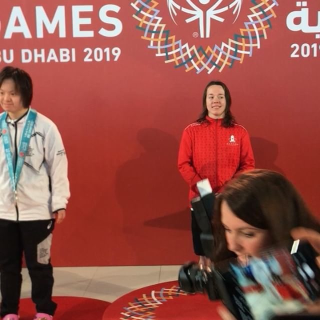 SOBCRegion5's tweet photo. Seeing double! 🥇🥇 Sunshine Coast’s own Genny Verge double GOLD medalist today! ladies 50m freestyle and 25m butterfly. Congratulations Genny! #meetthedetermined #specialolympics #soteamcanada19 #mighty5 https://t.co/IhBdTXU8Uh https://t.co/WqYwk3TC5V