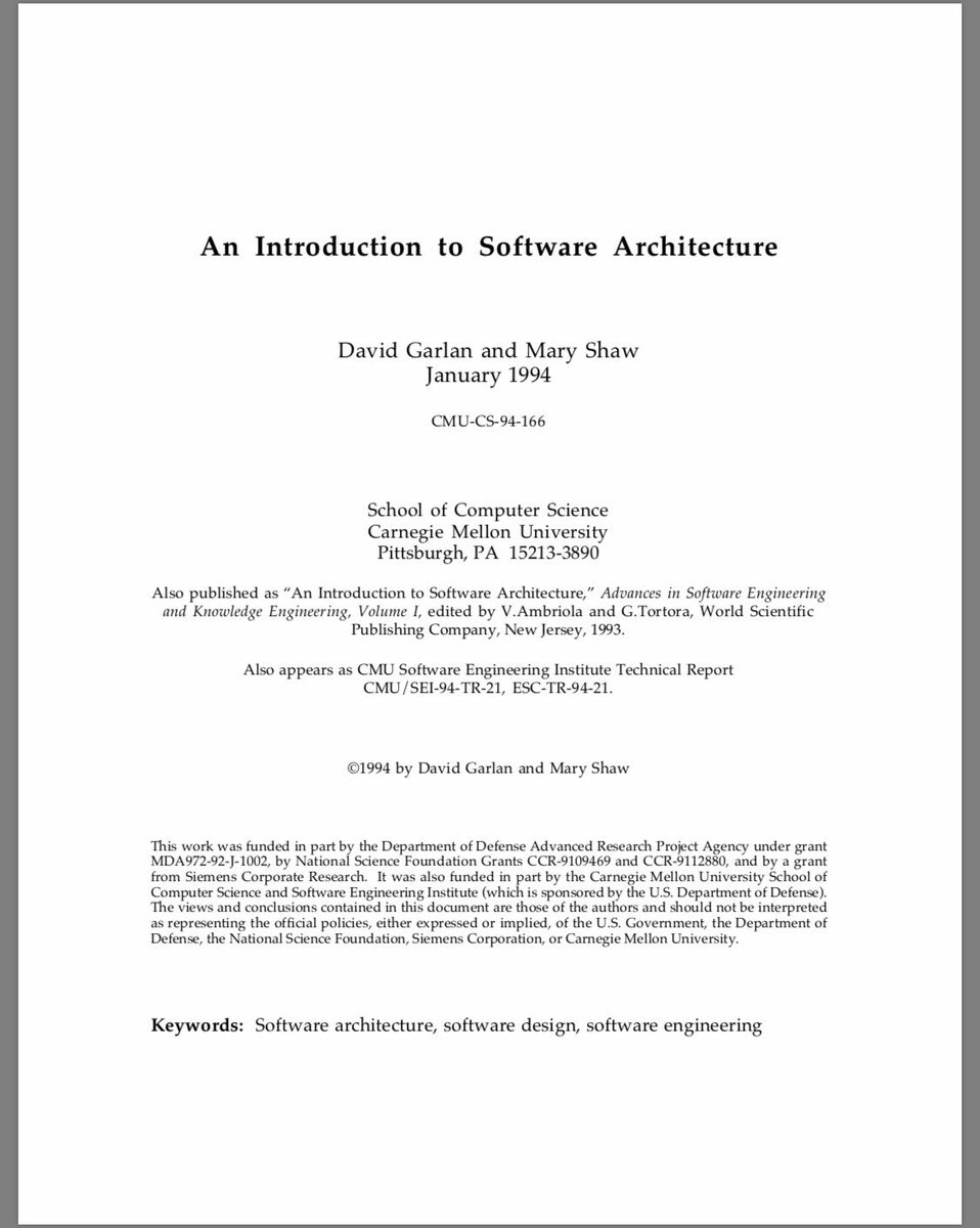 25 years old!!An Introduction to Software Architecture, by David Garlan and Mary Shaw,January 1994 https://www.cs.cmu.edu/afs/cs/project/able/ftp/intro_softarch/intro_softarch.pdf