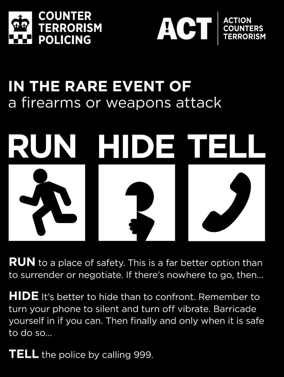 UnitedProtect's tweet photo. In the very rare event that you get caught up in a terrorist attack, follow these three simple steps! #run #hide #tell https://t.co/O4qabErAv0