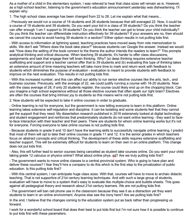 DrSunainaSharma's tweet photo. I normally don't post so much but I'm so saddened by yesterdays #OntEdAnnouncement . It's lengthy but it explains how devastating some of these changes can be. @fordnation #OntEd @LisaThompsonMPP https://t.co/jAQCbxcDVE
