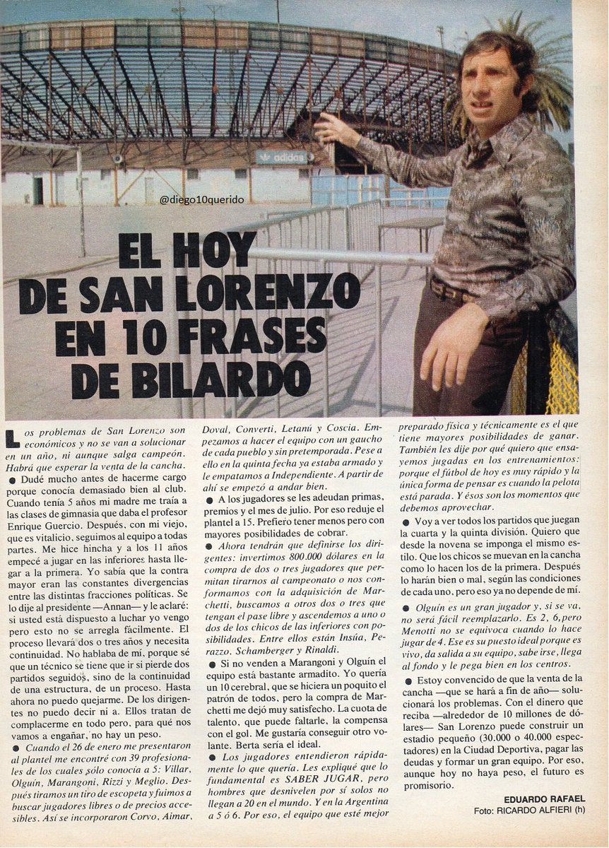 Diego10Querido's tweet photo. 1979: Con el viejo Gasómetro de fondo, Bilardo habla sobre el San Lorenzo que dirigiría ese año. También hace un pequeño elogio al entonces DT del seleccionado, César Menotti. https://t.co/gyiHNx8kVU