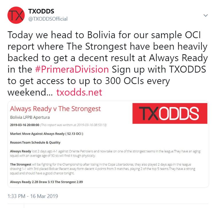 TXODDSOfficial's tweet photo. The TXODDS Traders flagged up a huge move for The Strongest who were away to Always Ready in Bolivia in #PrimeraDivision They delivered the goods with a 2-1 win at decent odds. Sign up with us now to gain access to more #WinningData and hundreds of OCIs.. https://t.co/T7Yt8zzgyV https://t.co/8roJaNcGqT