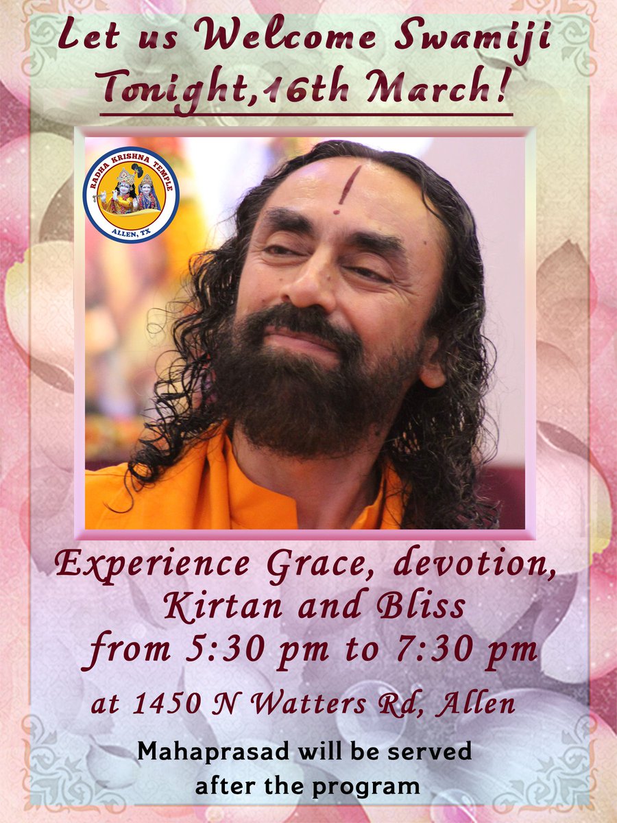 jkyogactivities's tweet photo. Swamiji begins his USA 2019 tour today! Join us in welcoming him with joy and enthusiasm tonight, at the Radha Krishna Temple of Dallas.
#LTP2019 #Devotion #Sadhana #MindManagement https://t.co/NswLk0M4Np