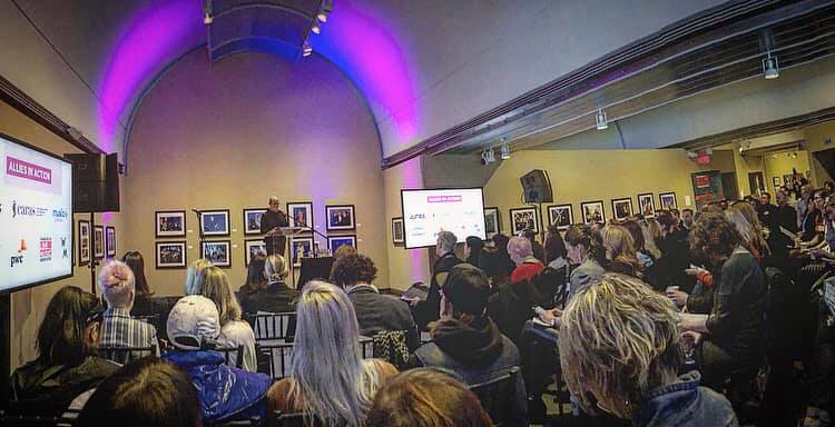cfmusicians's tweet image. Erin Benjamin of @Canadian_Live announcing the launch of ALLIES IN ACTION to promote a lasting impact on ending sexual harassment in the creative world of work #ReadTheCode #AlliesInAction #Junos2019