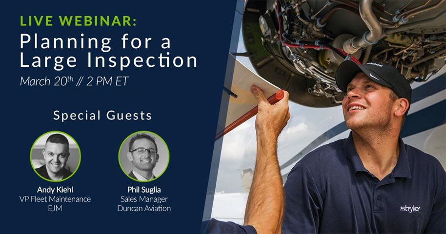 DuncanAviation's tweet photo. Planning on having your aircraft down for a large inspection? Andy Kiehl from EJM and Phil Suglia from Duncan Aviation will be joining the @Flightdocs live webinar to give insight on planning your next major maintenance visit. Click the link to register https://t.co/KUZqQQPlzz https://t.co/DquKoK36Nw