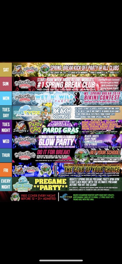 Sb__2k19's tweet photo. @_aliciamonique 🍺Join the most lit parties in Myrtle Beach for spring break. 🍺 

🏖⛱Foam parties, glow parties, Mardi Gras parties, Free trips, Prizes Concerts &amp; more ⛱🏖 

📍Myrtle Beach📍

📲💥 For Event info text “dirty myrtle” to 980.254.2889💥📲 https://t.co/uv11DUncBh