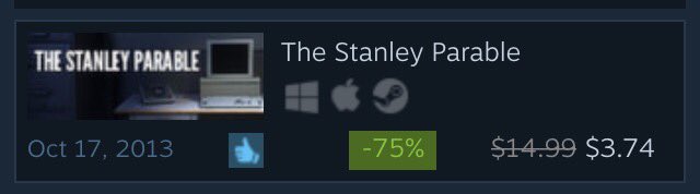 JJrb291's tweet photo. In case anyone likes creative single player games, the Stanley Parable is currently for sale as part of an extremely good deal. 10/10, would recommend. https://t.co/9x0BH1kGfl