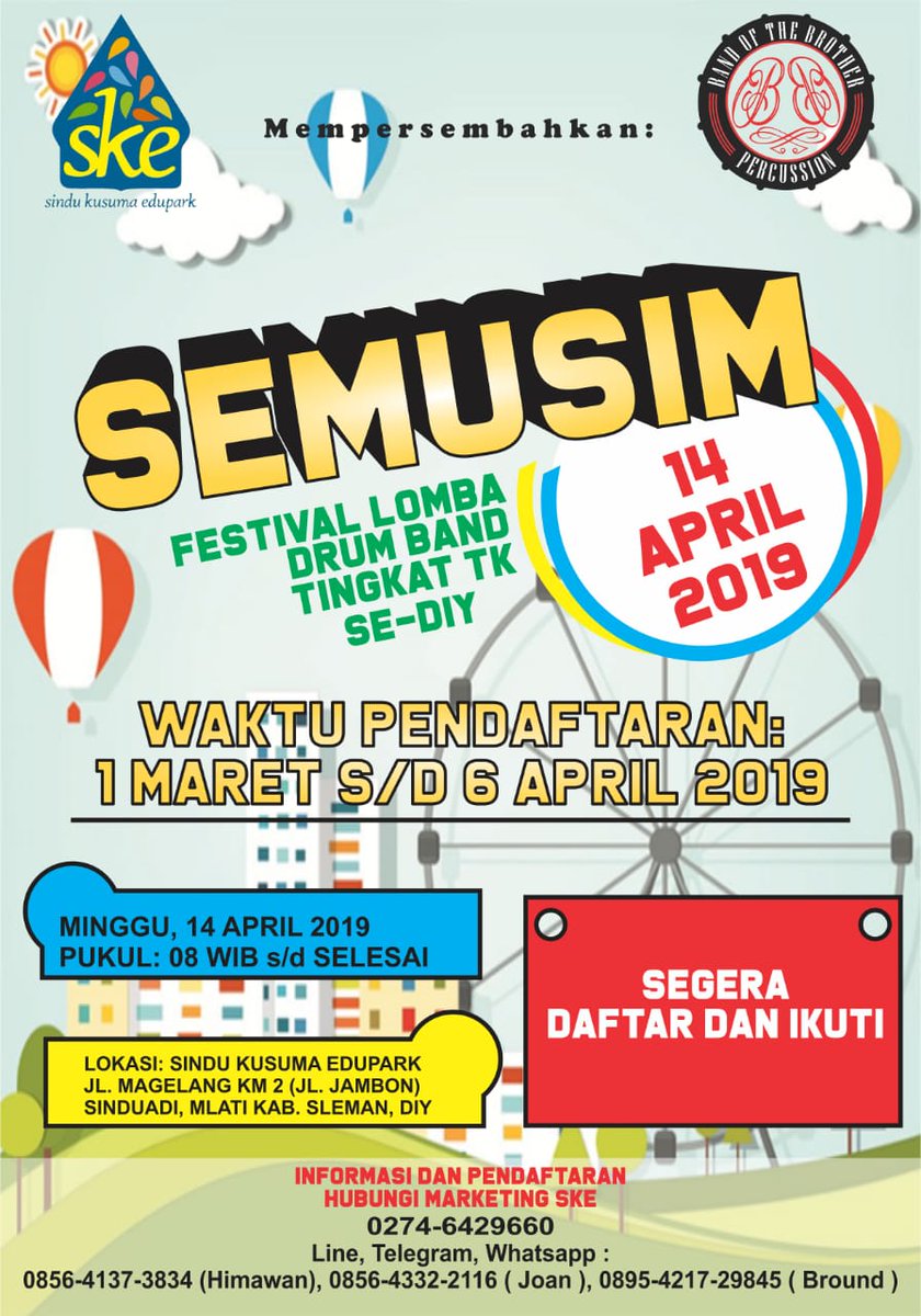 PromosiYogya's tweet photo. Festival Lomba Drumband Tingkat TK Se DIY. Minggu 14 April 2019 di @SinduEduPark Daftarkan putra putri anda 
#EventJogja #EventSleman #EventBantul #Projogja #PromosiJogja https://t.co/O6TJugGk5W