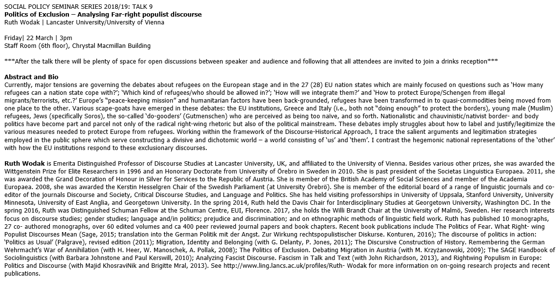 UoE Social Policy (@uoesocialpolicy) on Twitter photo Our final Seminar Series talk this Friday (22 March, 3pm): Ruth Wodak on "Politics of Exclusion – Analysing Far-right populist discourse". Everyone welcome! <a href="/uoessps/">School of Social & Political Science Edinburgh</a> <a href="/EdinburghPIR/">P&IR Edinburgh</a> <a href="/SocPolSoc_UoE/">Social Policy Soc</a> @GHPUEdinburgh <a href="/UoE_STIS/">STIS Edinburgh</a> <a href="/skape_ed/">SKAPE</a> <a href="/CRFRtweets/">CRFR</a> <a href="/Discourse_ED/">Discourse Analysis Group_ED</a> socialpolicy.ed.ac.uk/events/seminar… Our final Seminar Series talk this Friday (22 March, 3pm): Ruth Wodak on "Politics of Exclusion – Analysing Far-right populist discourse". Everyone welcome! <a href="/uoessps/">School of Social & Political Science Edinburgh</a> <a href="/EdinburghPIR/">P&IR Edinburgh</a> <a href="/SocPolSoc_UoE/">Social Policy Soc</a> @GHPUEdinburgh <a href="/UoE_STIS/">STIS Edinburgh</a> <a href="/skape_ed/">SKAPE</a> <a href="/CRFRtweets/">CRFR</a> <a href="/Discourse_ED/">Discourse Analysis Group_ED</a> socialpolicy.ed.ac.uk/events/seminar…