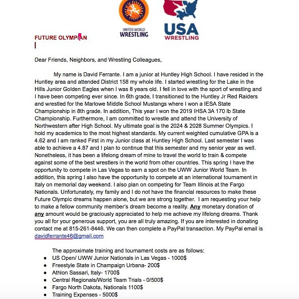 davidferrante14's tweet photo. Good afternoon all. Attached is the cover letter for my future Olympian fundraiser. I have the unique opportunity this spring and summer to compete internationally and make the UWW Freestyle Junior world team. However, I cannot do this alone. Please read this and like and rt https://t.co/J3U6AAlsoG