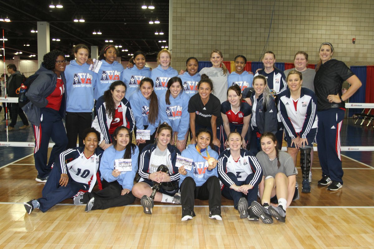 usavolleyball's tweet photo. When #SittingVolleyball and a junior national qualifier are played under the same roof on side-by-side courts such as @crossroadsvb, everyone wins. @avatxvolleyball watched world's No. 1 #USAVwsit play Canada, then played the game themselves. Details at https://t.co/sv0AXPsnrn https://t.co/jibFspoPRF