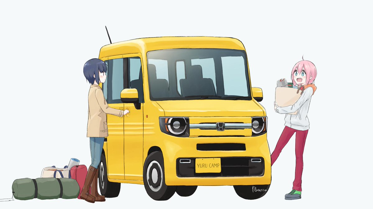 kagamihara nadeshiko ,shima rin multiple girls 2girls ground vehicle motor vehicle pink hair pants white background  illustration images
