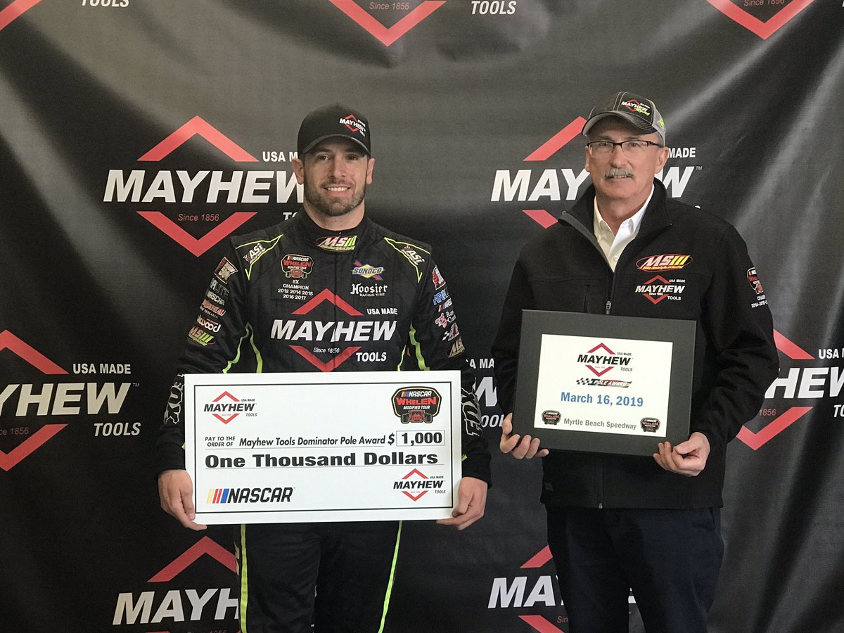 NASCARRegional's tweet photo. Former champion Doug Coby grabs his 23rd career pole &amp; the first Mayhew Tools Dominator pole award!

He will lead the field to the green for the #PerformancePlus150 later tonight here at Myrtle Beach. 

#NWMT | #PerformancePlus150 https://t.co/PpDuft5fNT