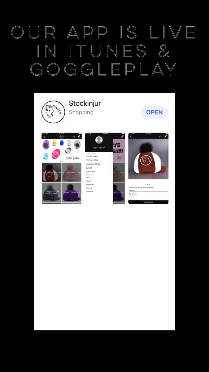 Stockinjur's tweet photo. We’re just a little bit excited to announce that our App is now available for download 🥳. 4 months in development and we’re so excited to be the first #equestrian brand to launch an App 💖 #eventing #HorseHour https://t.co/LwHA2fdifK