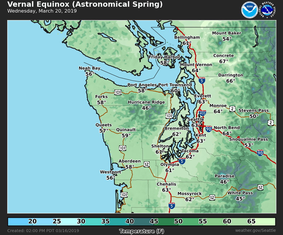 #VernalEquinox (or #AstronomicalSpring) will be this Wednesday, March 20th. The weather for the first astronomically-speaking day of #Spring? Partly to mostly cloudy with a chance of light rain. Highs in the mid 50s to lower 60s. Cheep Cheep!🐦#WAwx