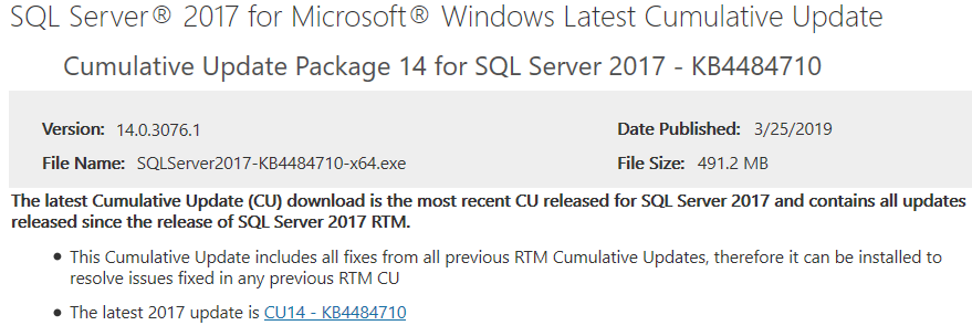 WZorNET's tweet photo. 📋Cumulative Update #KB4484710 Package 14 (#CU14) (Build: 14.0.3076.1) for SQL Server 2017 RTM - is now available for download at the Microsoft Downloads site👉 https://t.co/Yf3MM94Y9U
✔️CU14 #KB4484710: https://t.co/ydapbRkHVt
✔️Center for SQL Server: https://t.co/eRlg0SdOG8 https://t.co/bX8gvWj656