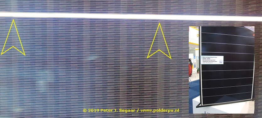 Polder_PV's tweet photo. Nieuwste van het nieuwste op #SolarSolutions beurs: zogenaamde #shingled monokristallijne #PV modules van (grootste) mono producent #LongiSolar. Overgangen van de cellen zijn nauwelijks zichtbaar, zelfs van dichtbij. Meer #power 💪op hetzelfde module oppervlak > 340-400 Wp https://t.co/MNyK8O5lv1