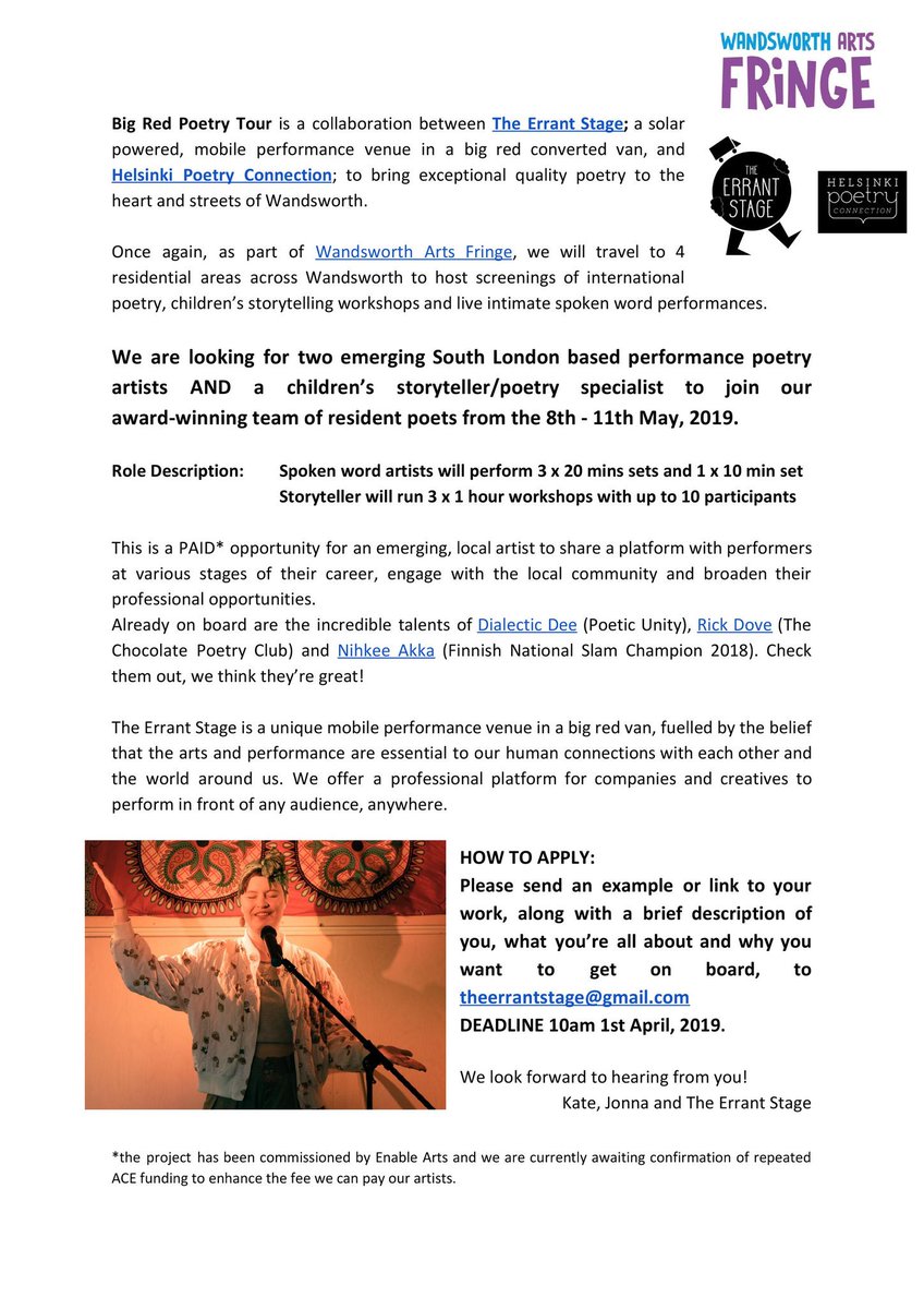 errantstage's tweet image. LAST CHANCE TO APPLY TO JOIN our @ace_national funded #poetry and #spokenword tour @WAFfringe THIS MAY!

@ApplesAndSnakes @spokenwordlondn @weareBoxediN @battersea_arts @multistable @JonnaNummela @DialecticDee @WriterZnScribeZ
