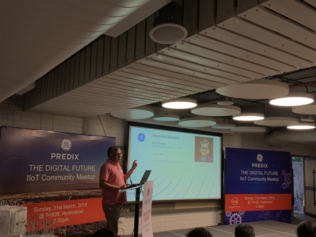 startuphyd's tweet photo. CEO @THubHyd @ravignarayan now on stage delivering a second Keynote at #PredixTheDigitalFuture IIoT Community Meetup https://t.co/6ncZT7kfYY