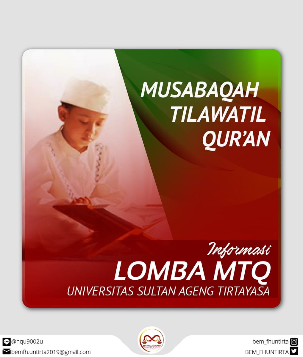 [LOMBA MTQ 2019]
.
Assalamualaikum wr. wb.
.
Hallo kawan fakultas hukum Untirta!diberitahukan kepada seluruh mahasiswa/i Fakultas Hukum Universitas sultan Ageng Tirtayasa bahwa akan diadakan perlombaan MTQ.