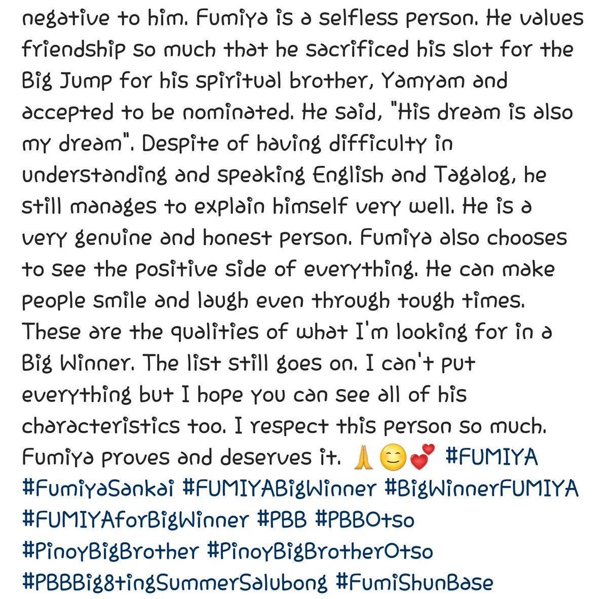 📣 Please vote Fumiya Sankai <a href="/fumfumfum3/">FuMi</a> to become the Adult Batch Big Winner of Pinoy Big Brother Otso! 🙌
-
Type BB FUMIYA &amp; send to 2366
-
LAST DAY TO VOTE!
🙏😊💕
-
#FUMIYA #FumiyaSankai #FUMIYABigWinner #PBB #PBBOtso #PinoyBigBrother #PBBBig8tingSummerSalubong #FumiShunBase