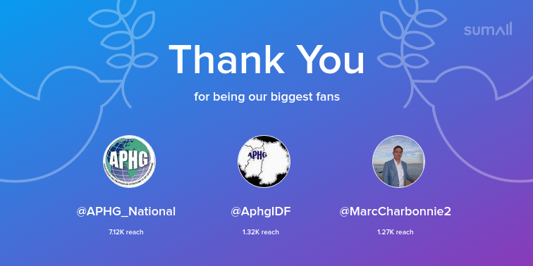 Our biggest fans this week: <a href="/APHG_National/">APHG</a>, @AphgIDF, <a href="/MarcCharbonnie2/">Marc Charbonnier</a>. Thank you! via sumall.com/thankyou?utm_s…