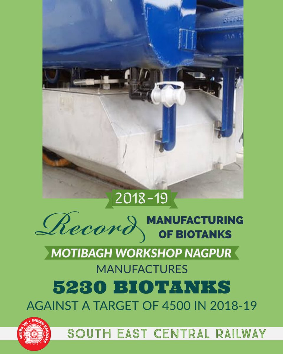 himanshu19jain's tweet image. Motibagh Workshop, Nagpur under #SECR has manufactured 5230 Biotanks during 2018-19 against the target of 4500 Biotanks given by Railway Board. @GMSECR #BioToilets #Biotanks