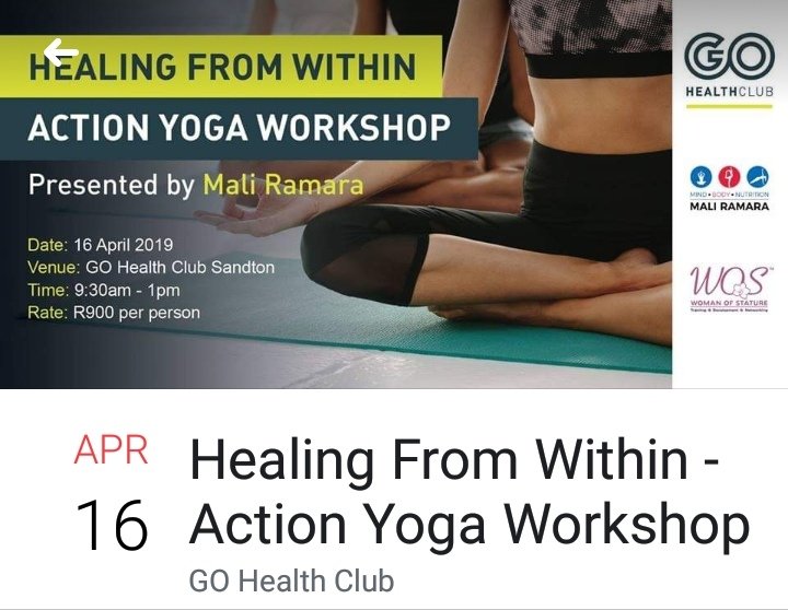 BophelokeMatla's tweet photo. Reminder, ACTIONYOGA WORKSHOP :HEALING FROM WITHIN is happening on the 16th April at the Go Health club in Sandton. Book your ticket click on the link https://t.co/vbQbE03GNl @Khanyi_Magubane @P_tsholo @SAfmRadio @channelafrica1 @SarahAirdMash https://t.co/X8dJPjkb6W