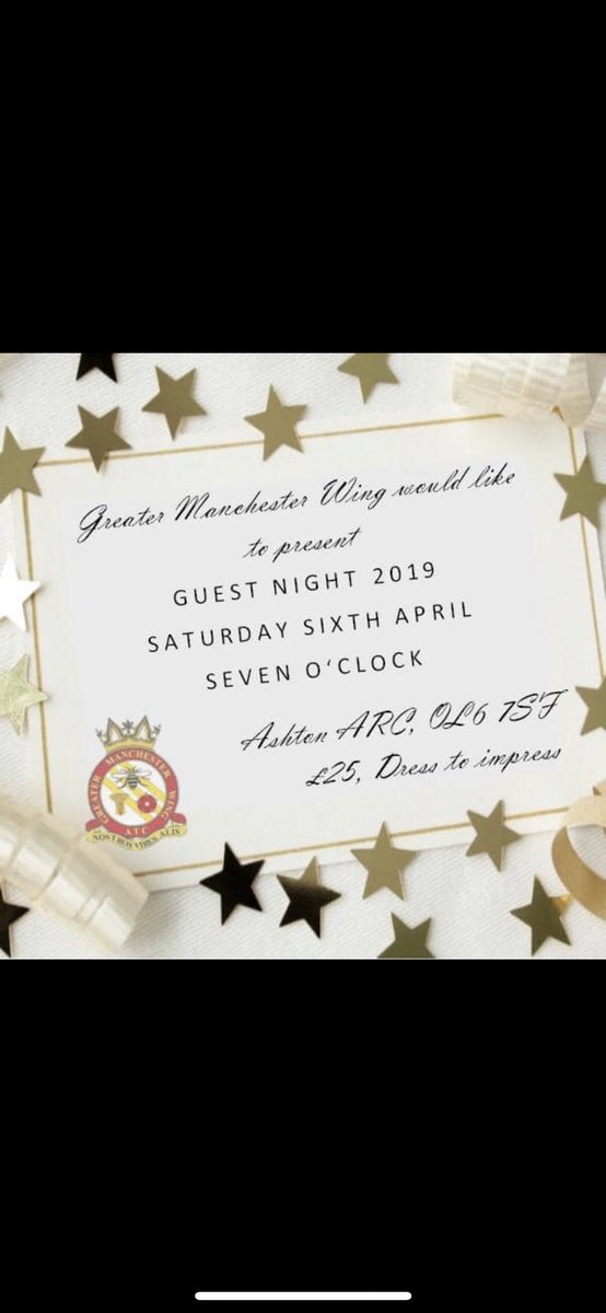 To all Greater Manchester Wing CFAVs and CWOs

The final deadline is booking tickets is COP Monday 01 April 2019.

All bookings for CFAV and Guests to wso1.gtrmcr@aircadets.org.

Open to Officers, SNCO and WOs, Civilian Instructors and CWOs.