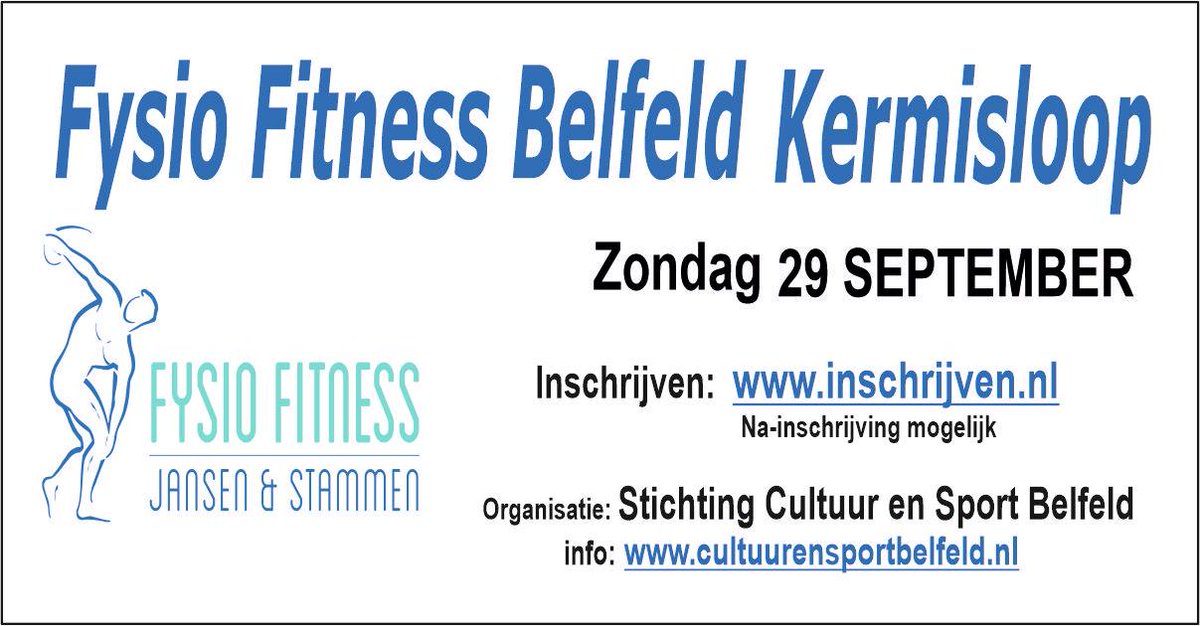 Het inschrijfformulier voor de Fysio Fitness Belfeld kermisloop zondag 29 september is gepubliceerd.

Vanaf 01-04-2019 om 00:00 uur kan er worden ingeschreven.