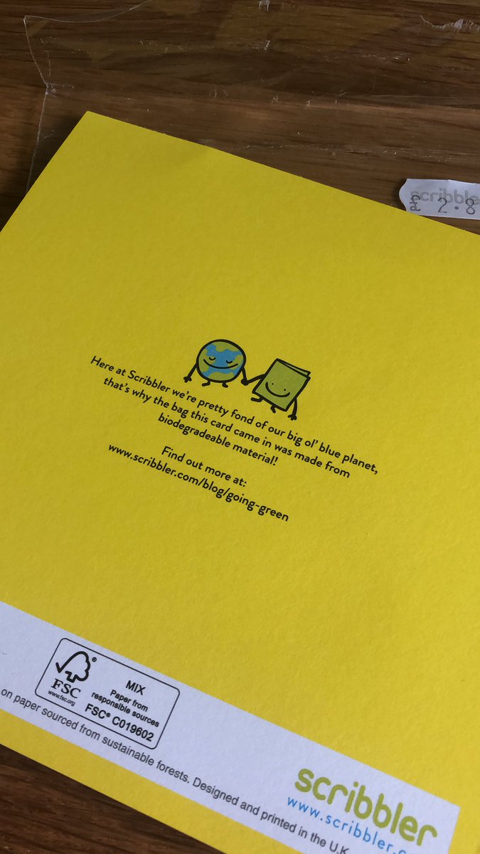 FieldhousePhil's tweet photo. Her @scribblercards, can you tell me what’s going on with this card?  Is the bag #biodegradable or did you take something that was biodegradable and turn it into plastic that isn’t? How is this good for the planet?! Confusing message! #sustainability #plasticpollution https://t.co/dJ3oeKlHvI
