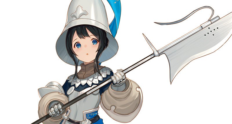 1girl solo weapon blue eyes armor white background polearm  illustration images