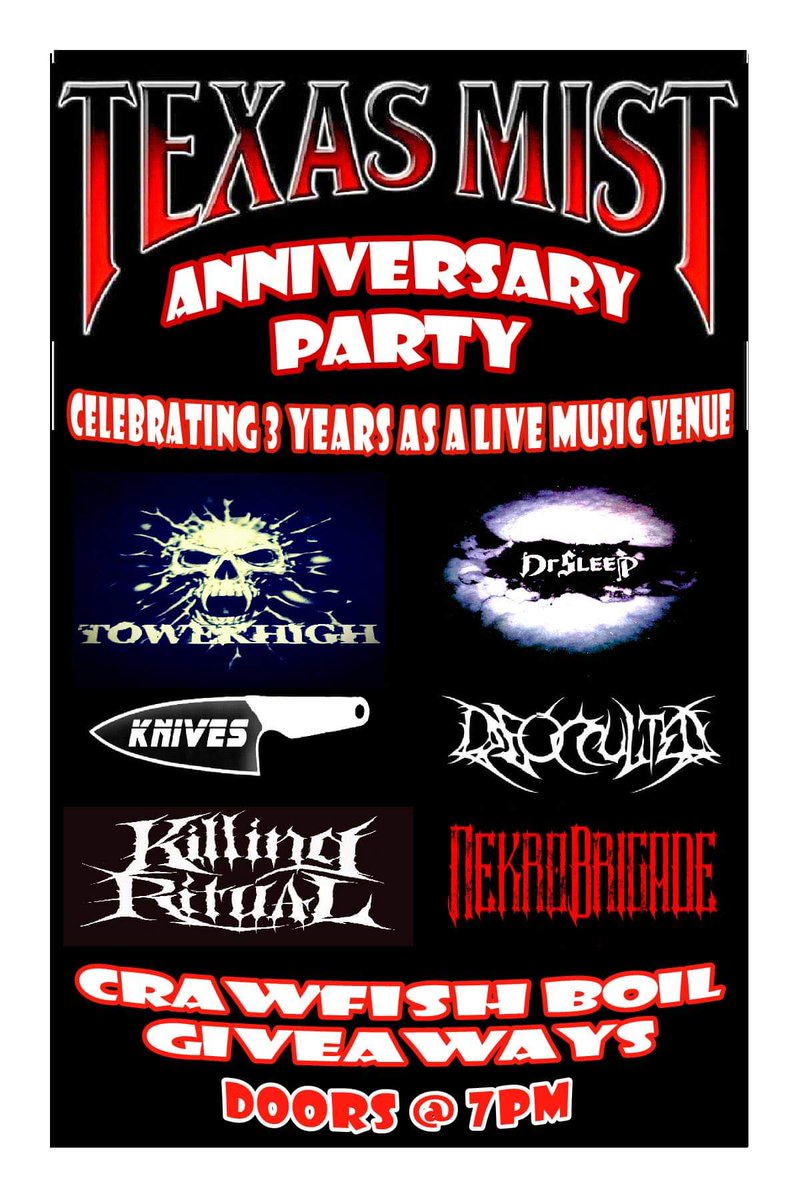 LmvMist's tweet photo. Hope to see y'all this coming Saturday to help us celebrate 3 years as a live music venue!! #livemusic #lmvmist #texasmistlmv #crawfishboil #austin #metalbar #crawfish #giveaways #anniversary #drinklocal #drsleep #towerhigh #knives #deocculted #killingritual #nekrobrigade https://t.co/zVtOYdHPqN