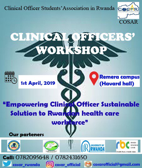 The Medical clinical officers workshop.
<a href="/Uni_Rwanda/">University of Rwanda</a> <a href="/UR_CMHS/">College of Medicine</a> <a href="/RBCRwanda/">Rwanda Biomedical Centre</a> <a href="/DianeGashumba/">Dr Diane GASHUMBA</a> <a href="/MoHRwanda/">Min. of Health, Rw</a> <a href="/IngabireIm/">Ingabire Immaculee</a>