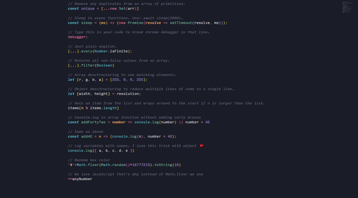 coderitual's tweet image. 👑 Awesome one-liners you might find useful while coding.

#javascript #codenewbie #100daysofcode #301DaysOfCode