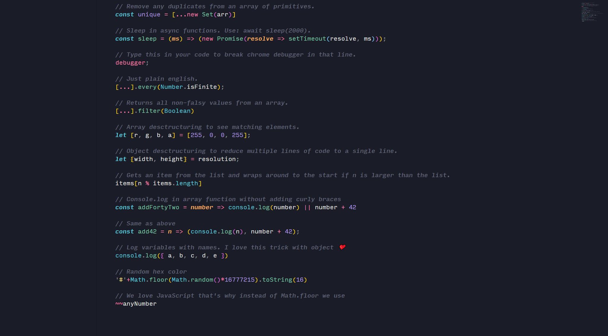 Mike Skowronek on Twitter: "👑 Awesome one-liners you might find useful  while coding. #javascript #codenewbie #100daysofcode #301DaysOfCode  https://t.co/1lHG5zFeiA" / Twitter