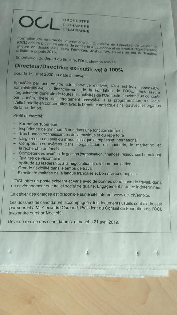 L'@Orchestre_OCL ne tweete plus beaucoup, mais recherche actuellement 'a new managing director' (Il se dit dans le milieu que c'est l'un des orchestres qui paie le mieux au monde, n'hésitez donc pas à RT ou à postuler avant le 21 avril ! )😉
#orchestrajobs
cc @joshweilerstein