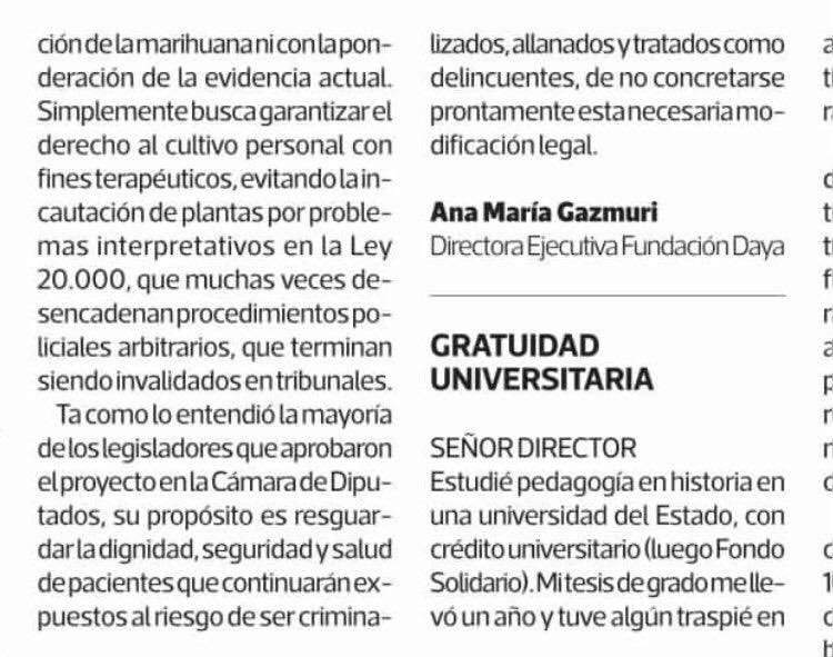 NuevaDrogas's tweet photo. Carta al Director en @latercera de @AnaMariaGazmuri, CPN de @RDemocratica,en respuesta al director de Senda.”Tal como lo entendió la mayoría de lo diputados, el propósito de #LeyCultivoSeguro es resguardar la dignidad,seguridad y salud de pacientes expuestos a ser criminalizados” https://t.co/9gE4ga0Y2n