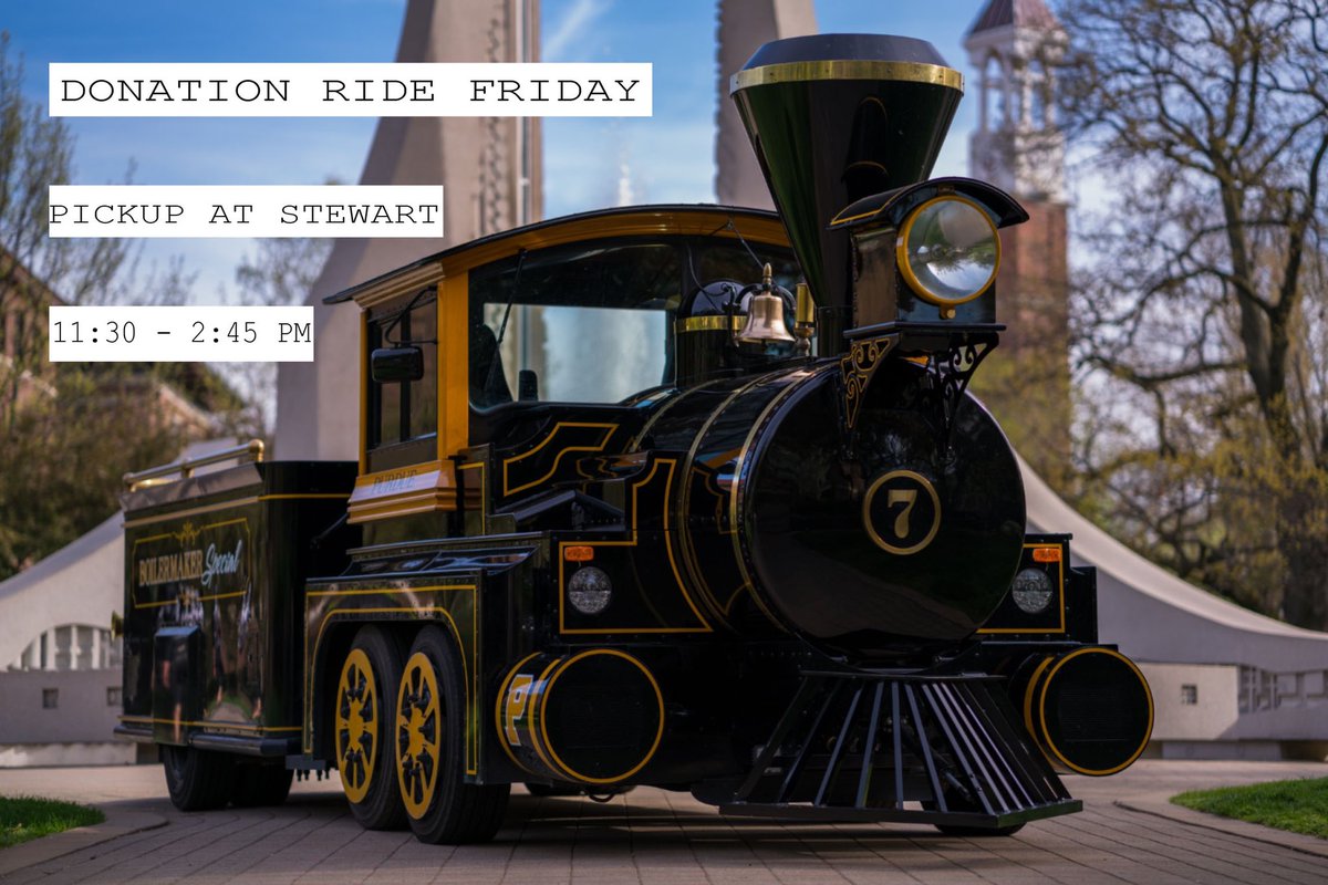 PurdueTrain's tweet image. Take a victory ride on the Boilermaker Special TODAY for a $1 donation per person. Pickups begin at 11:30 in front of the Stewart building and will go until 2:45. We can’t wait to see you there! 🚂🚂