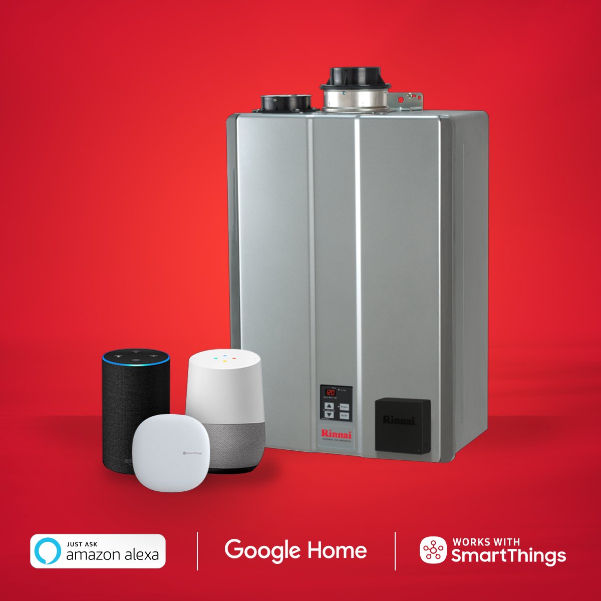 Rinnai's tweet image. Did you know? Rinnai now supports @SamsungMobileUS with the addition of Samsung #SmartThings to the suite of #HomeAutomationTechnology! Rinnai also supports voice control for both recirculation and water temp w/@Amazon #Alexa &amp;amp; @Google Home. ow.ly/UwET30nWMyt #RinnaiSmart