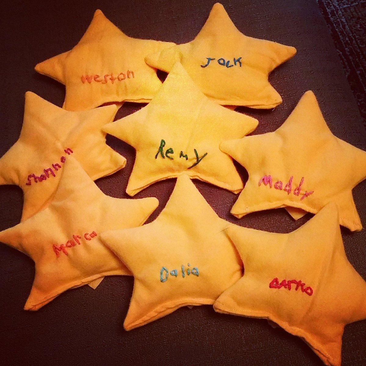 FauxPawTextiles's tweet photo. Handmade felt #LEGO star bean bags done! Darko customized each by writing his buddies' names on, and I stitched. Today I make a #LegoMovie2 photo booth for my #MasterBuilders! #Autism #BirthdayGathering #EightYearsOld #Scriptor #MovieGuru #AllThingsLEGO #PS4 #LEGOMOVIEgamers https://t.co/YW9HKEOKBG