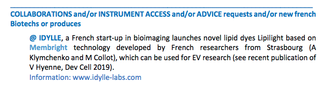 IdylleLabs's tweet photo. So proud to see Idylle mentioned in the first @French_Soc_EVs Newsletter! Thank you so much!
#MemBright #Vesicles #EVs ๐๐๐ฌ
If you want to try out #Lipilight based on #MemBright technology reserve here https://t.co/wa0FFTIeat
Reservations are free you pay only if satisfied! https://t.co/VjBLM7rpIi