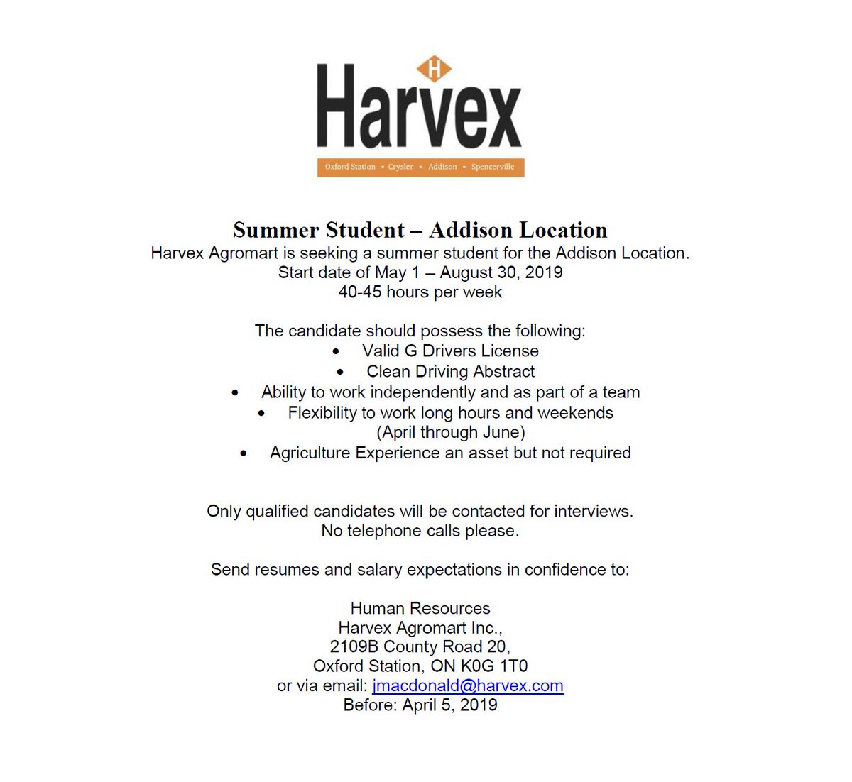 HarvexAg's tweet photo. Looking for a summer job? Harvex in Addison is looking for a Summer Student! Check out the info below! #cdnag #SummerJob https://t.co/J0hgeRBzVd