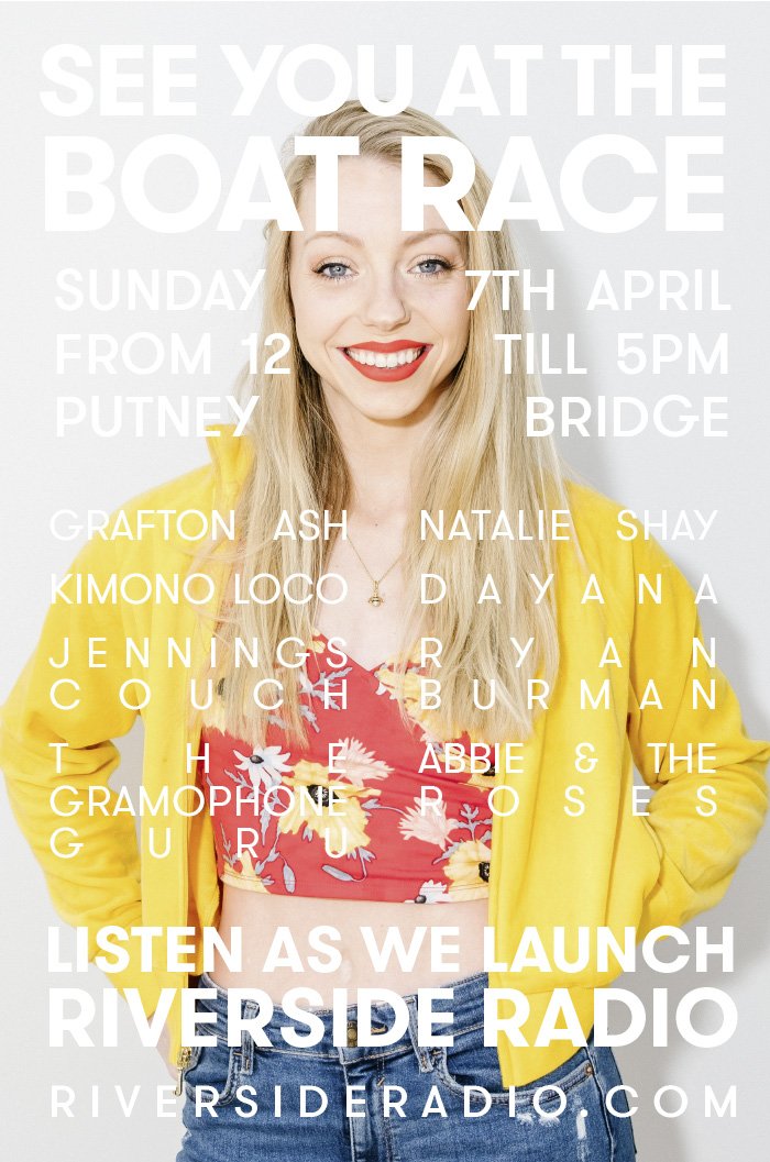 ThisisRiverside's tweet photo. Who's playing the RIVERSIDE RADIO stage on Boat Race Day? Sunday 7th April - Midday to 5pm - Putney Bridge @abbietheroses @RyanBurmanMusic @dayanamusicuk @NatalieShay_ @jenningscouch @Kimono_Loco with Riverside Radio presenters @LexieCarducci &amp; Sam Peck https://t.co/VYuffiQSpI https://t.co/PBbuxfVih9