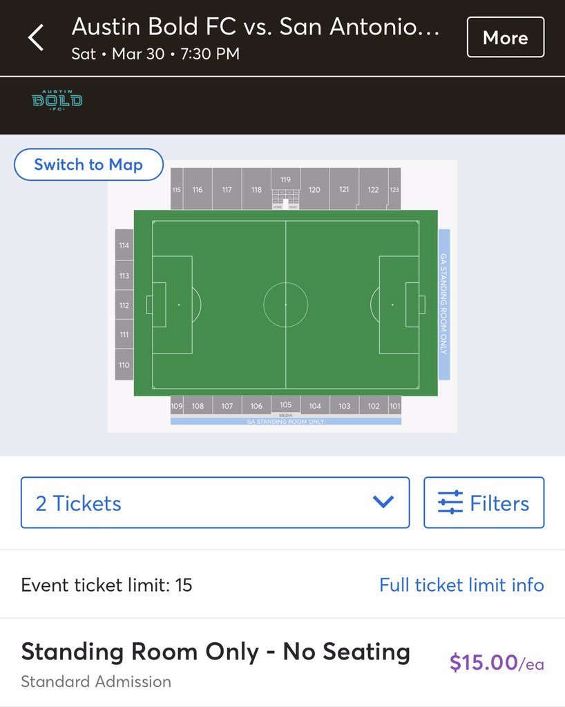 MichelleS_tv's tweet photo. As of this morning, there’s only STANDING ROOM tickets available for .@AustinBoldFC home opener game this weekend against @SanAntonioFC. You can add parking for $15 more. Kickoff is at 7:30 p.m. #boldfc https://t.co/kQj6d2MIIN