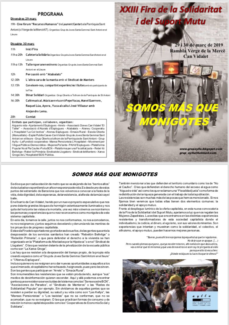 Avui comença la XXIIIa Fira de la Solidaritat i del Suport Mutu que es fa cada any a Can Vidalet - Esplugues. Os esperamos esta tarde y/o mañana en las actividades programadas (ver foto con el programa) #Esplugues #canvidalet #solidaritat #suportmutu #somosmasquemonigotes