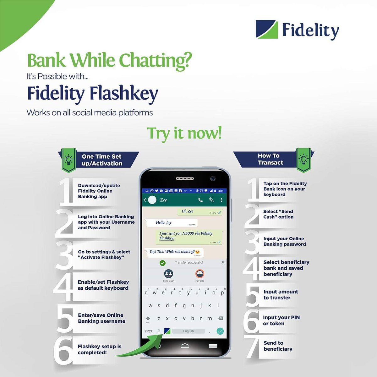 fidelitybankplc's tweet photo. Did you know that you can still bank while you're chatting?
Fidelity FlashKey allows you to do just that. Simply download/update your Fidelity Online Banking app, log in, go to settings & select 'Activate Flashkey'.
For more info, please call us 01-4485252.
#FidelityFlashKey https://t.co/sB3l6bP6a0