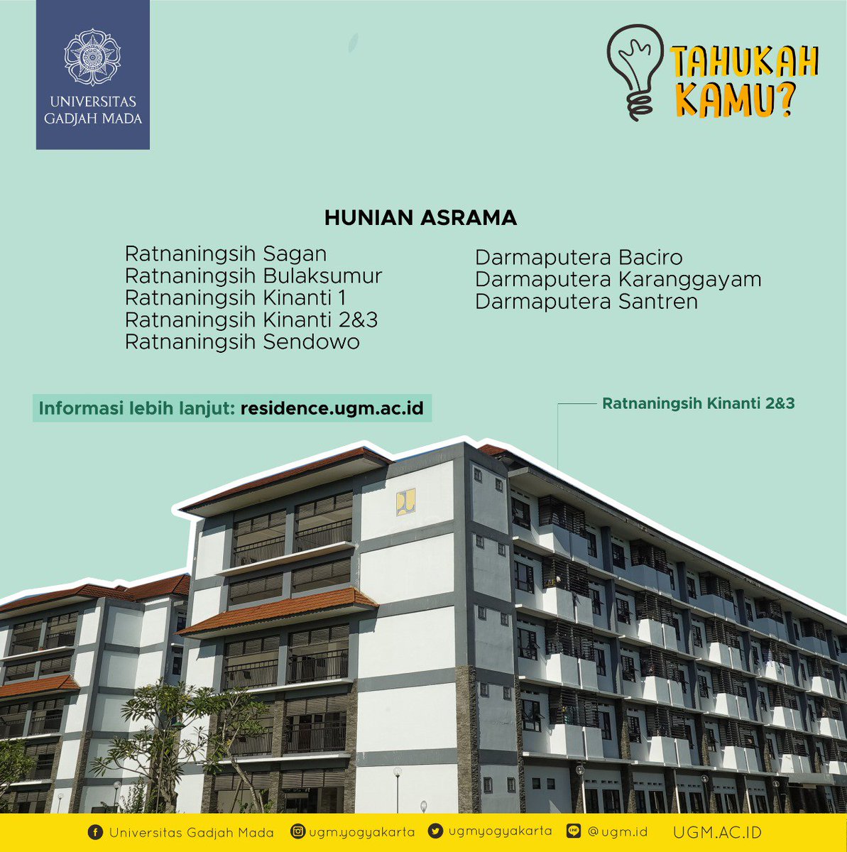 UGMYogyakarta's tweet photo. Tahukah kamu? UGM Residence mengelola 8 unit asrama untuk memberikan lingkungan terbaik guna meraih prestasi akademik terbaik🏬
#ugmresidence #ugmr # ugmyogyakarta #kawanugm https://t.co/ZNHkMJWS3Z