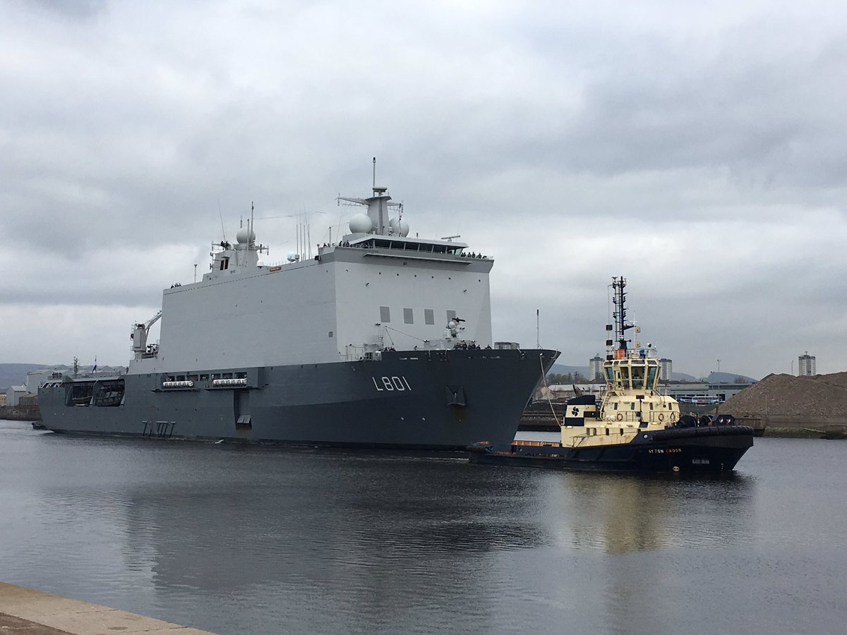 RNinScotland's tweet photo. Welcom naar #Glasgow! 🇳🇱 Amphibious Vessel #HNLMSJohanDeWitt is the largest vessel to arrive alongside in King George V Dock @PeelPorts this morning @kon_marine @NLinUK @NLatNATO #WeAreNATO #JointWarrior #JW191 #NLMARFOR https://t.co/7ob7GDuJrO
